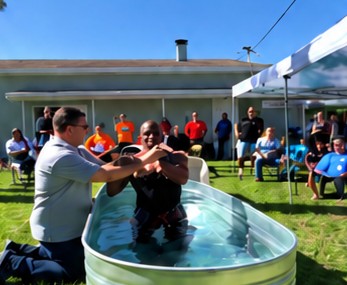 James being baptized outdoors as a crowd looks on