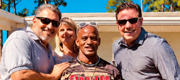 James smiling outdoors with three friends from The Encounter