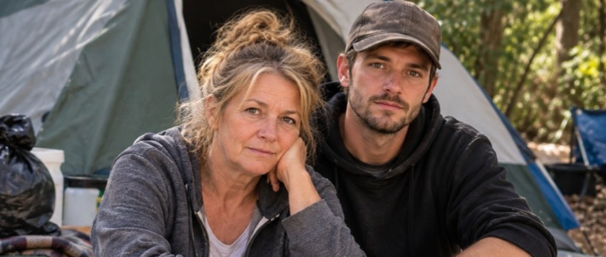 Stand-in photo of a mother and her adult son sitting outside a tent in the woods