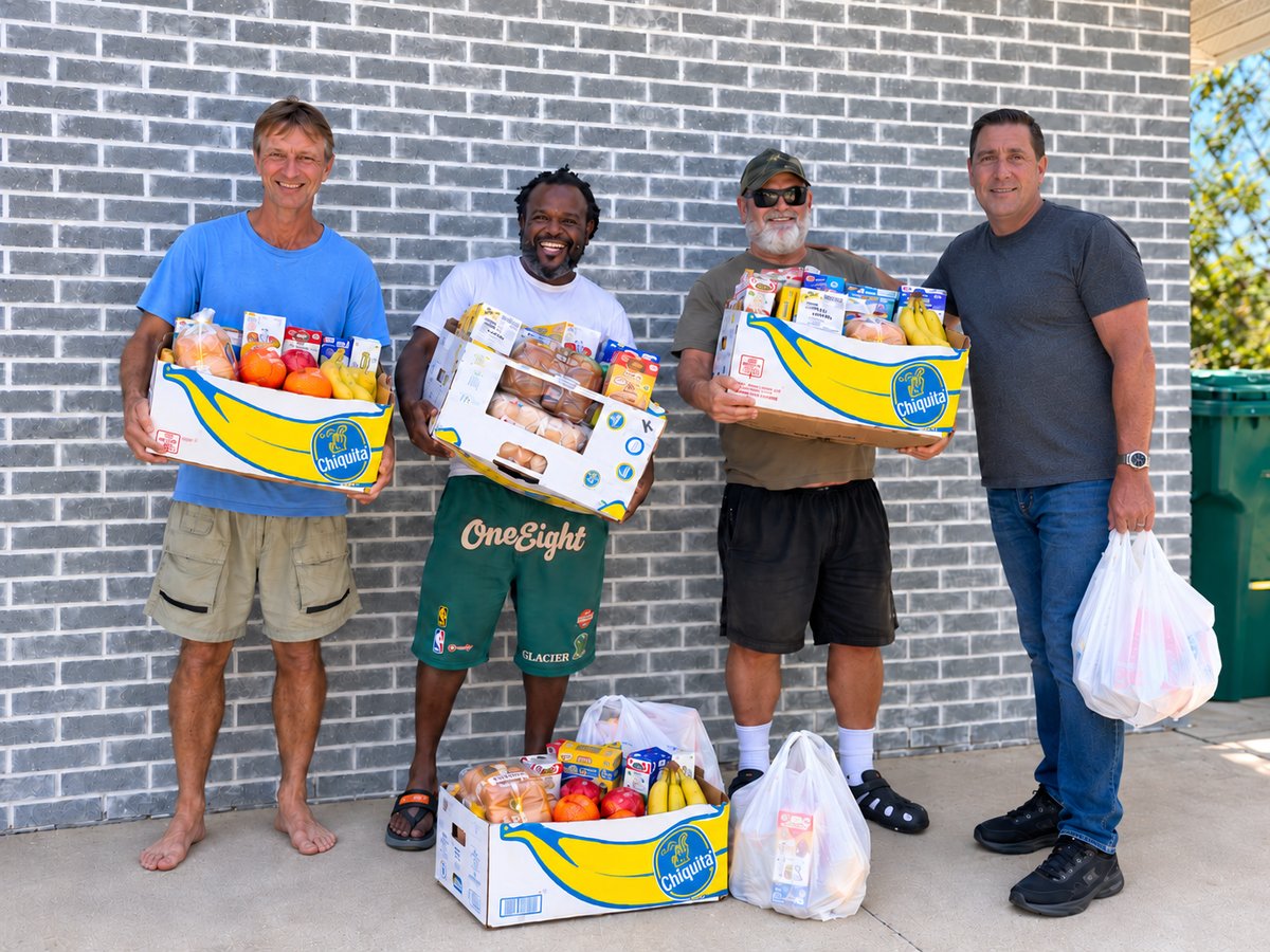 Residents of Second Chance Collective holding boxes of fresh produce